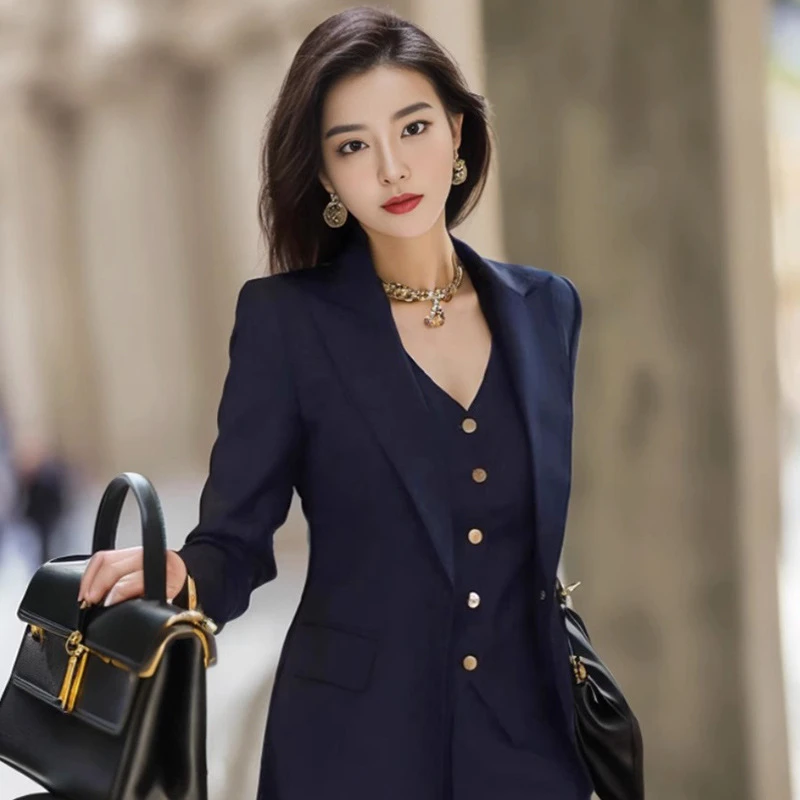 藏青色收腰西装冷淡系女装套装商务职业装气质女神范高端马甲裤子