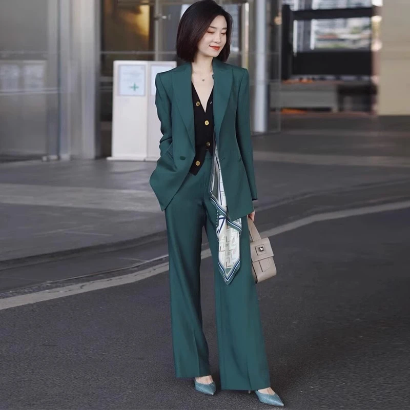 绿色春秋阔腿裤西装套装女宽松职业正装休闲高级感西服长裤两件套