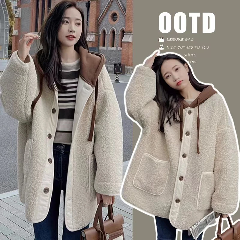 加厚保暖秋冬连帽衫外套洋气绒绒外套宽松大码开衫加绒中长款
