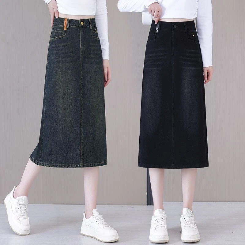 时尚洋气爆款牛仔中长款半身裙女春秋小个子百搭宽松包臀一步裙子