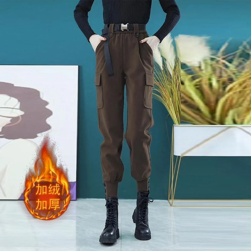美式加绒多口袋工装哈伦裤女秋冬季新款帅气束脚大码休闲直筒裤子