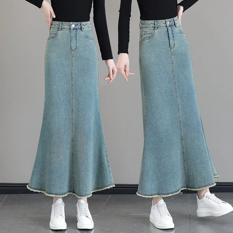 超好看时尚潮流牛仔半身裙女春秋季新款毛边a字长裙大码鱼尾裙子