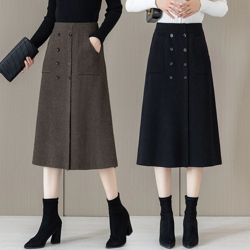 时尚潮流毛呢a字半身裙女秋冬季新款显瘦设计感开叉包臀一步裙子