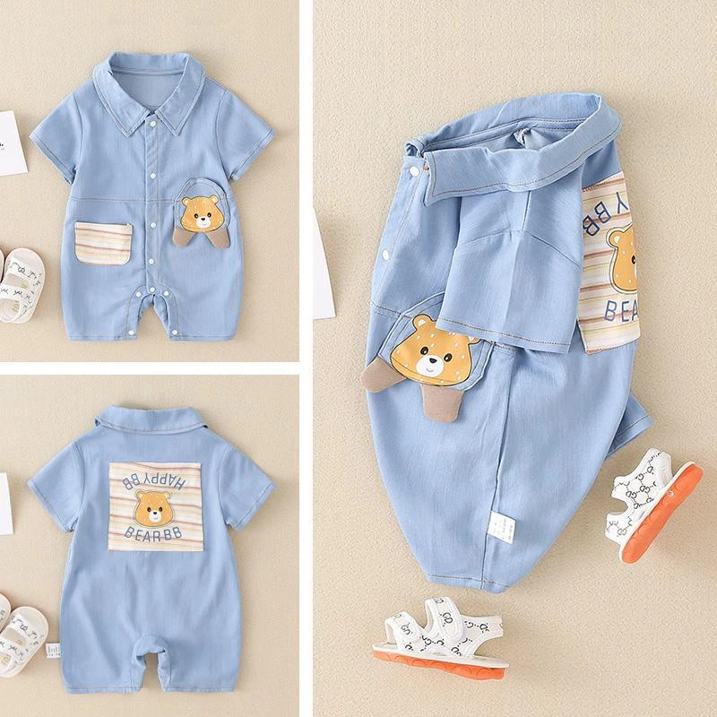 （现货）超萌男宝宝夏装短袖牛仔连体衣婴儿衣服夏季小熊短袖服潮