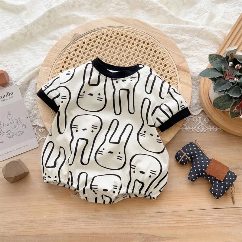 （现货）婴儿夏装连体男女宝宝满印兔子爬服儿童短袖外出小孩哈衣