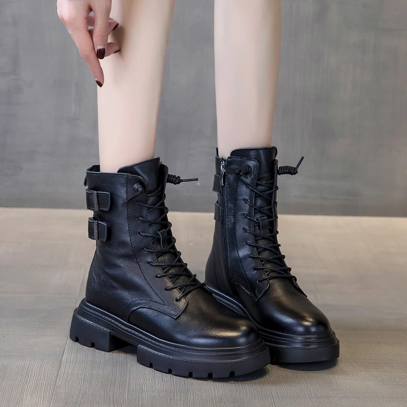 马丁靴女英伦风黑色加绒小个子显瘦真皮增高厚底显脚小休闲中筒靴