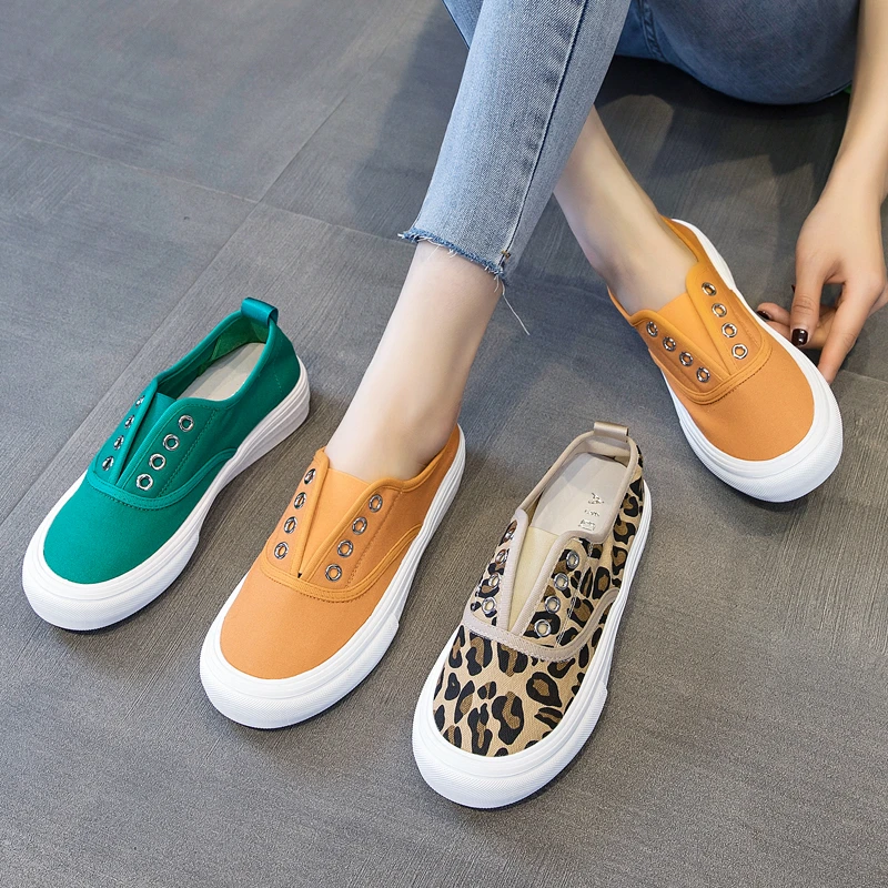 帆布鞋女2023新款厚底低帮透气一脚蹬懒人绿色豹纹休闲百搭板鞋潮