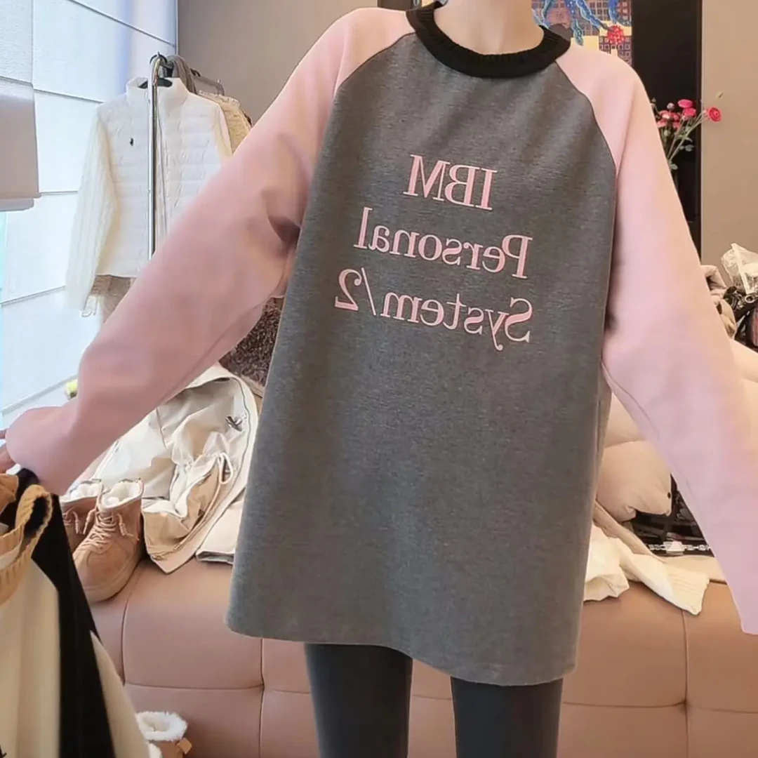 字母加厚磨毛卫衣女秋冬季韩版休闲慵懒插肩袖圆领打底上衣-12025