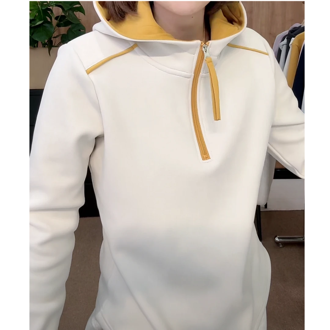 撞色半拉链加绒加厚连帽卫衣女秋冬2024新款宽松连帽上衣-11983