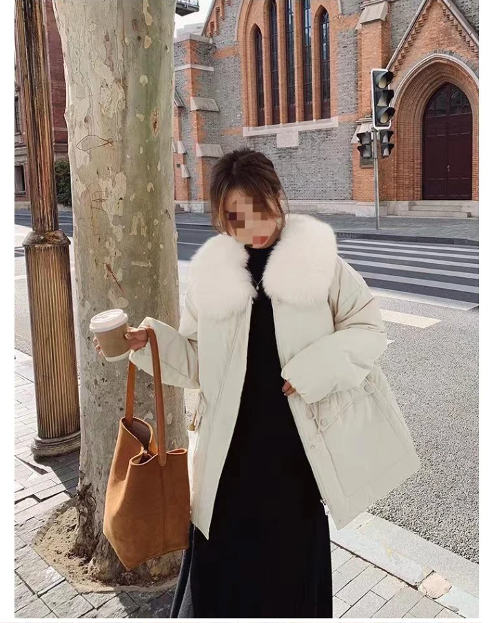 秋冬新款高级感时尚大毛领加厚女短款小个子收腰无帽白鸭绒外套