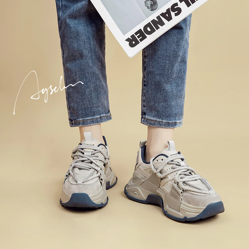 奥古狮登真皮厚底老爹鞋女款2024新款爆款洋气百搭薄款透气网鞋子