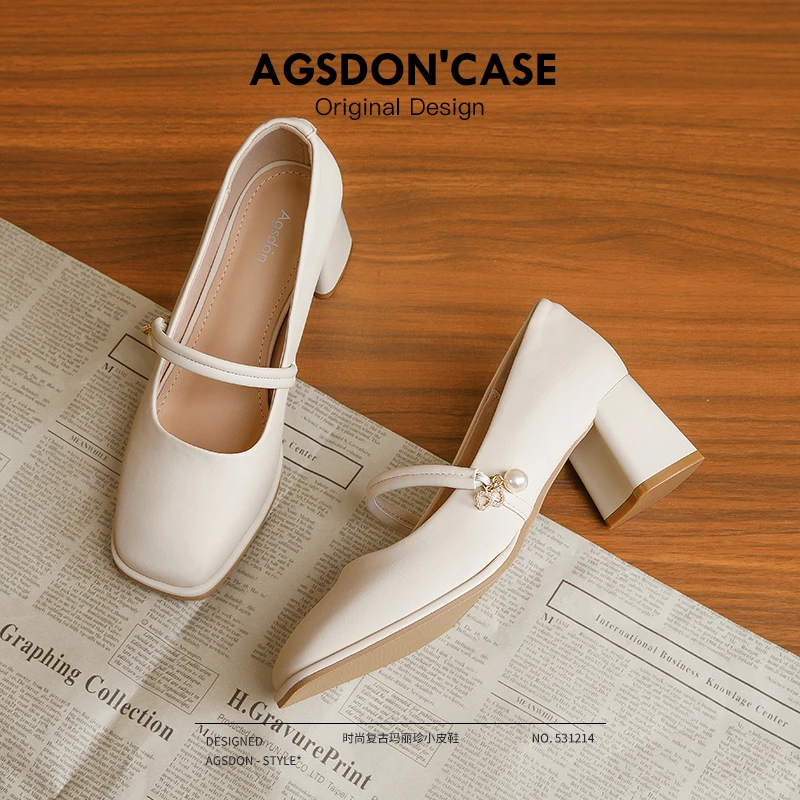 奥古狮登玛丽珍女鞋2024春一字带旗袍鞋子高跟珍珠小皮鞋浅口单鞋