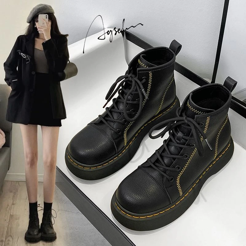 奥古狮登马丁靴女2023新款秋季靴子增高女百搭小个子英伦风短筒靴