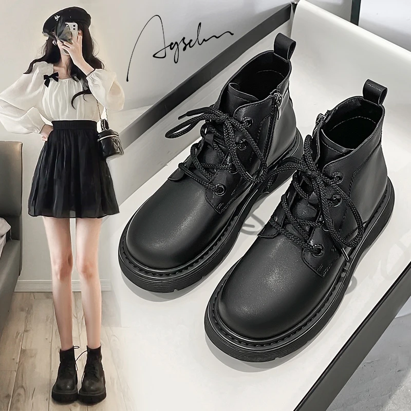 奥古狮登黑色马丁靴女2023新款秋季真皮网红ins潮机车靴中筒短靴