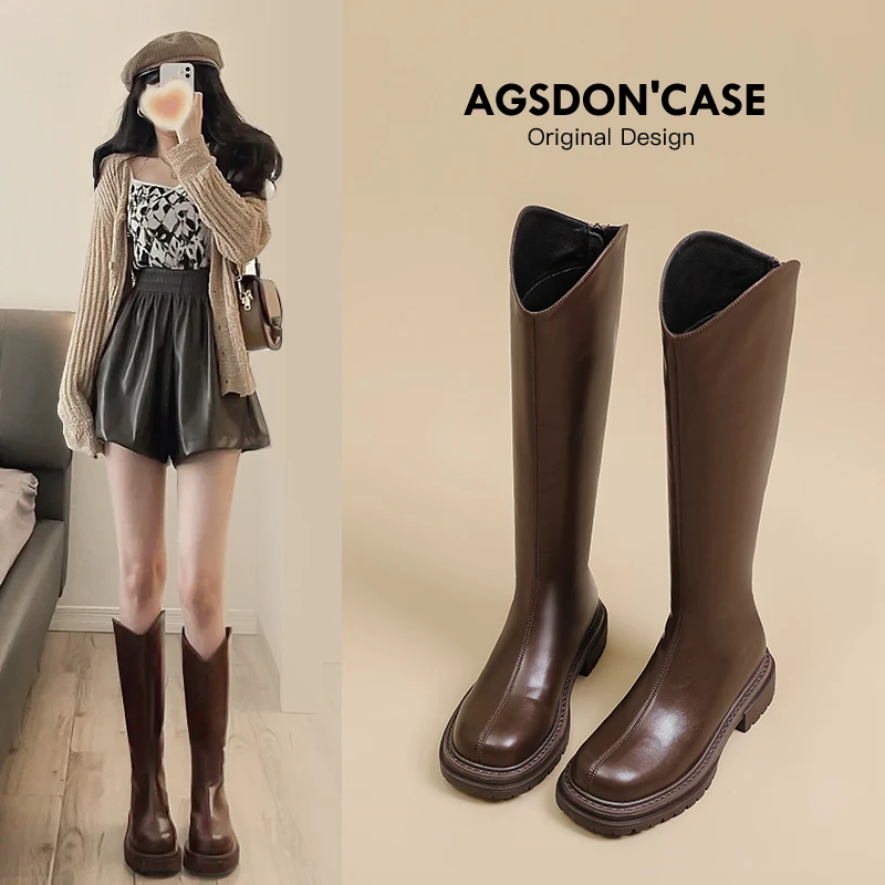 奥古狮登棕色长筒靴女2024新款秋冬厚底V口小个子不过膝骑士长靴