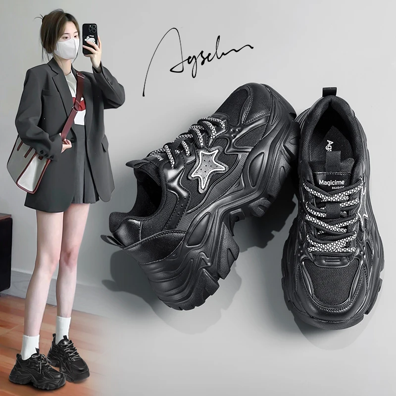 奥古狮登黑武士老爹鞋女款2023新款秋季超火星星显脚小厚底运动鞋