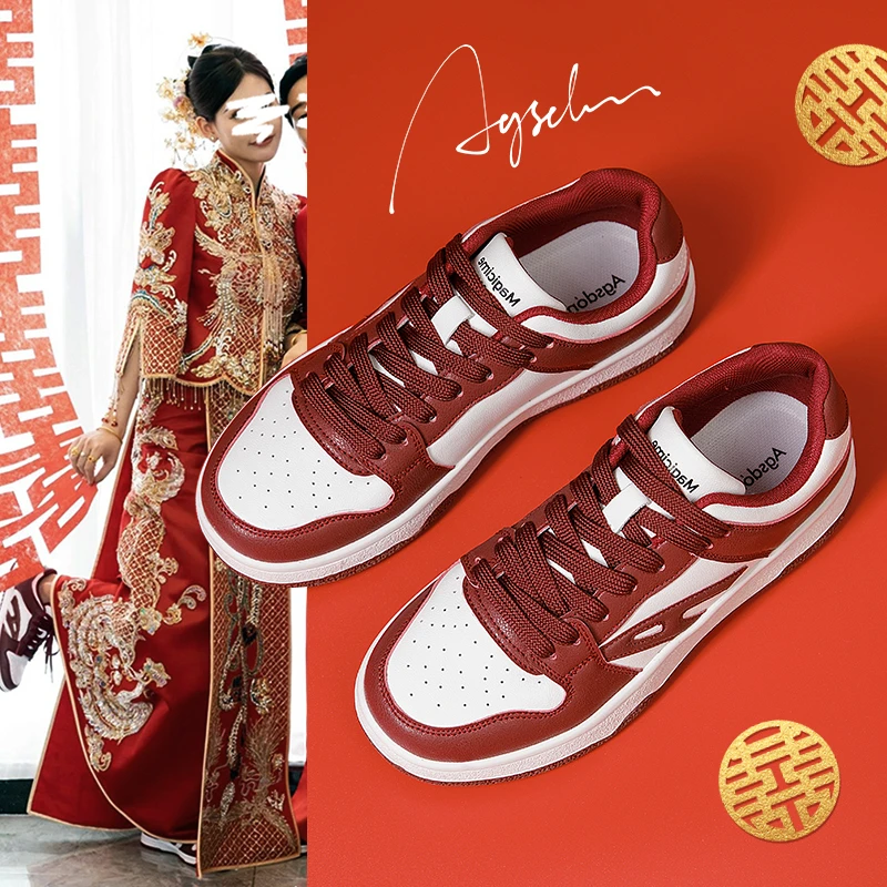 奥古狮登板鞋女款2024新款春季新年结婚鞋子新娘鞋红色休闲运动鞋