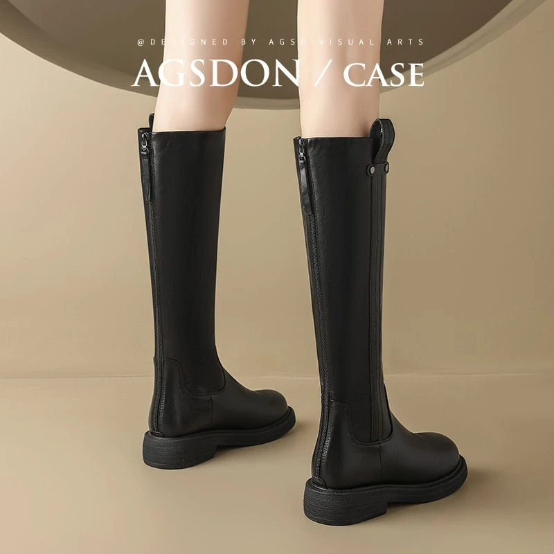 奥古狮登黑色长筒靴女秋冬2025新款加绒厚底粗腿小个子骑士靴长靴