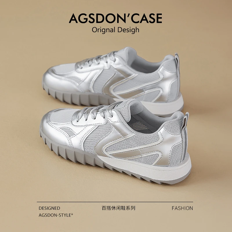 奥古狮登透气德训鞋女2024夏季网面运动鞋银色休闲鞋子复古小白鞋