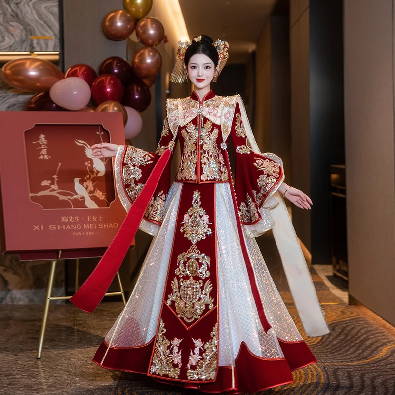 高端凤冠霞披秀禾服新娘结婚新中式嫁衣重工香槟色纱裙敬酒礼服秋