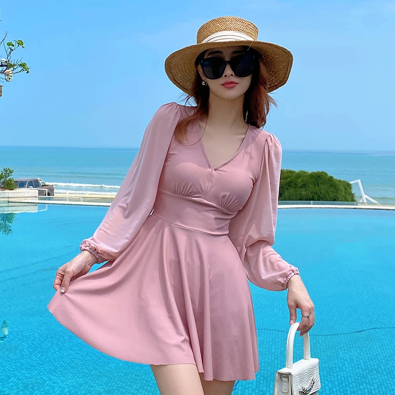 海漫蝶2023新款大码游泳女温泉保守长袖防晒胖mm遮肚显瘦裙式分体