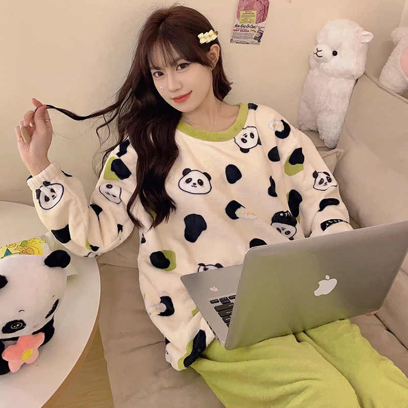 加绒睡衣女套装甜美可爱法兰绒秋冬季保暖家居服圆领韩版薄款