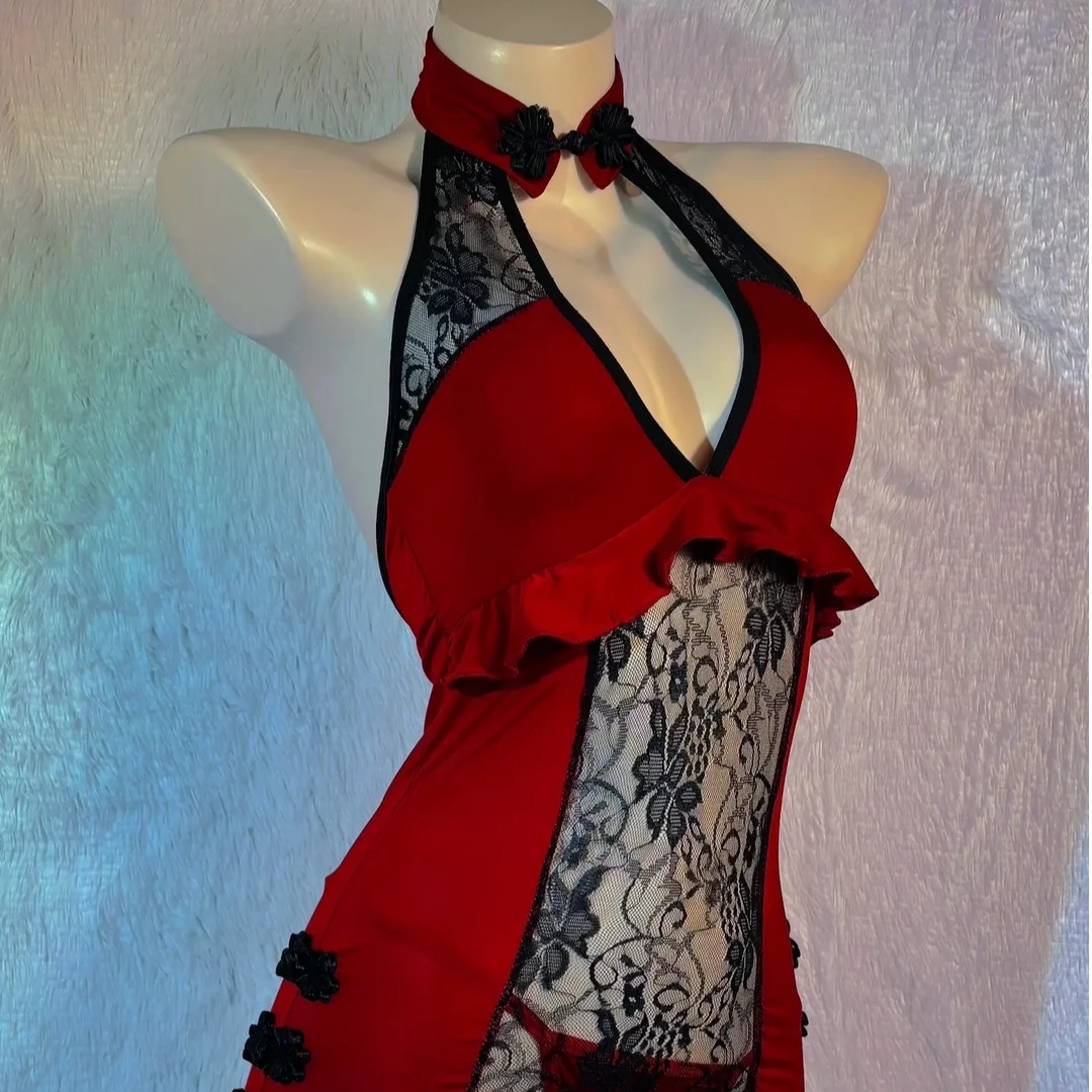 显瘦套装挂脖紧身性感蕾丝辣妹旗袍高开叉深V镂空露背挂脖睡裙