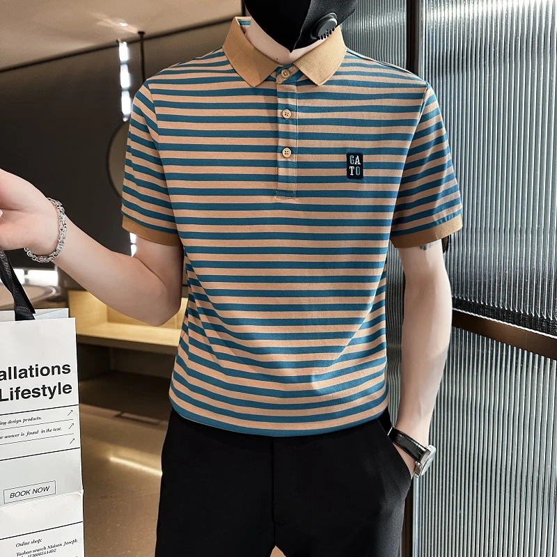 男士polo衫短袖高端条纹刺绣拼色带领t恤潮流青年夏季商务上衣服