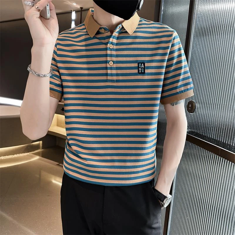 polo衫男高级感夏季条纹刺绣短袖t恤潮流痞帅轻熟风翻领半袖体恤