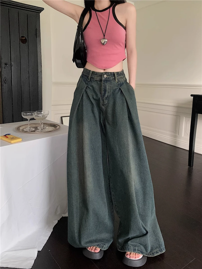 微胖mm高腰显瘦设计感复古牛仔裤女秋冬新款宽松垂感拖地阔腿裤子