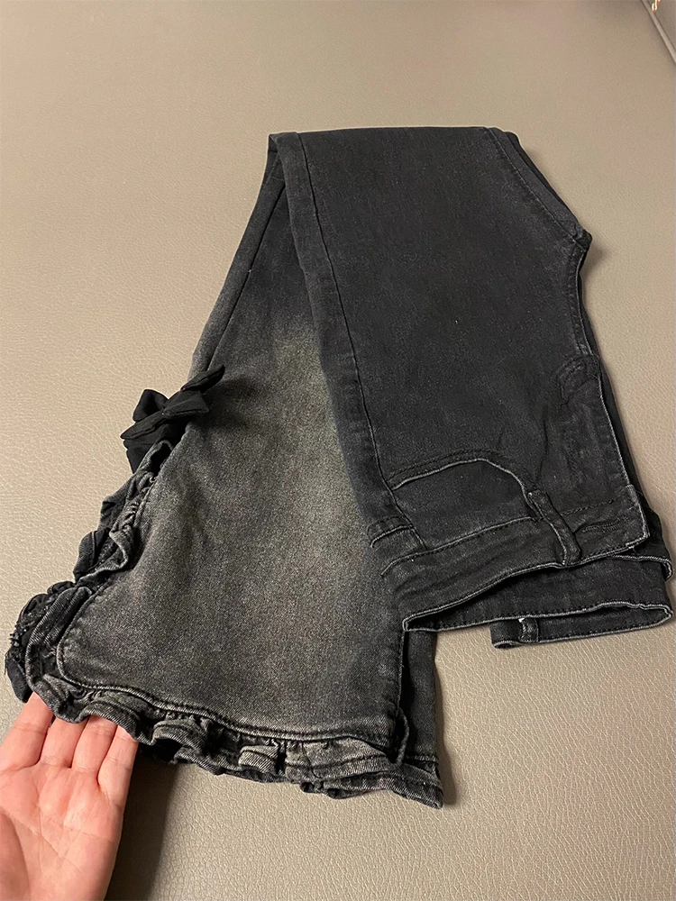 微胖mm复古开叉微喇叭马蹄渐变色牛仔裤女春季高腰修身拖地阔腿裤