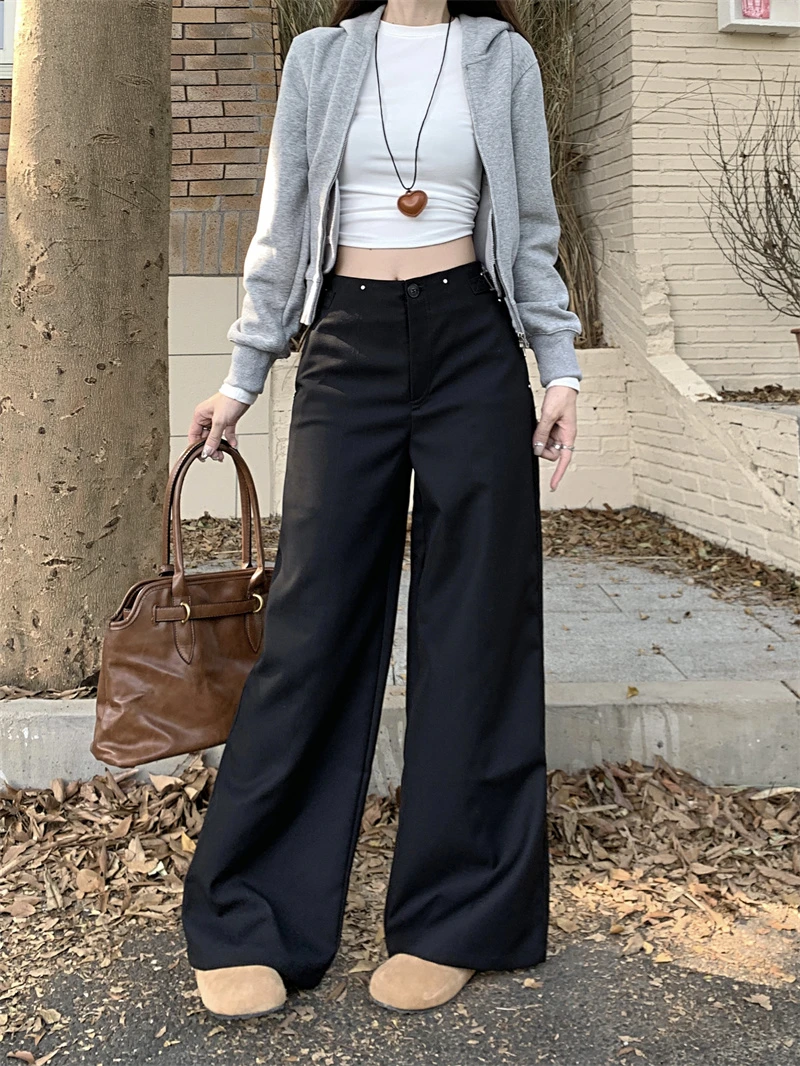 微胖mm韩版辣妹风高腰休闲裤女秋季爆款气质显瘦直筒宽松阔腿裤子