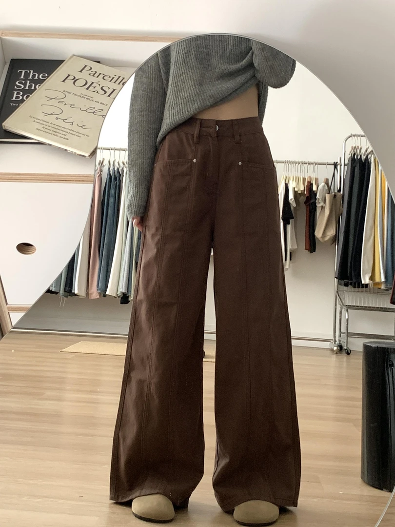 微胖mm小个子宽松复古棕色工装牛仔裤女秋季垂感阔腿休闲直筒裤子