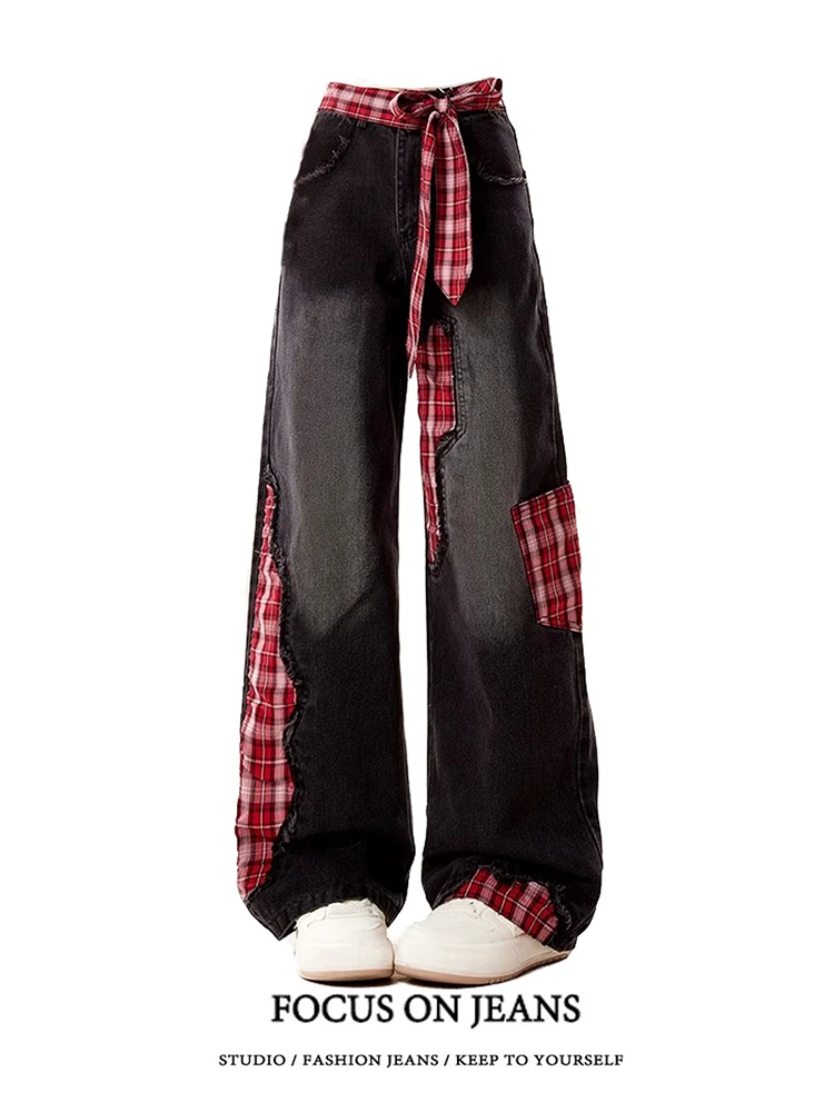 微胖mm美式vibe蝴蝶结绑带格子牛仔裤女秋冬拼接宽松垂感阔腿裤子