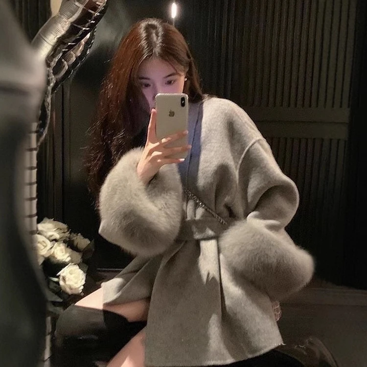 100绵羊毛双面呢大衣女真狐狸毛系带秋冬毛呢外套贵气洋气春游冬