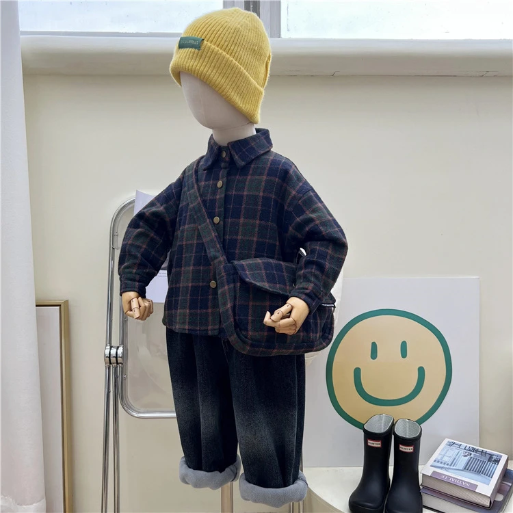 儿童加绒格子衬衫送小包包男童秋冬呢料加厚休闲衬衣女童加棉夹克