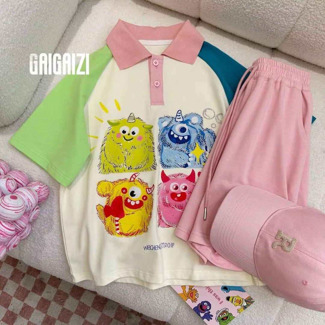 儿童套装卡通怪兽2025夏季新款男女童运动短袖T恤短裤韩版亲子装