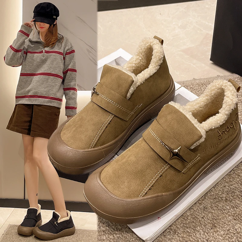 2024冬季新款女棉鞋加绒加厚保暖一脚蹬防水雪地靴学生鞋厚底棉鞋