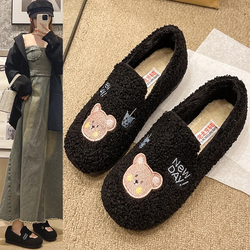 2024新款毛毛鞋加绒加厚保暖豆豆鞋一脚蹬软底鞋女棉鞋妈妈鞋平底