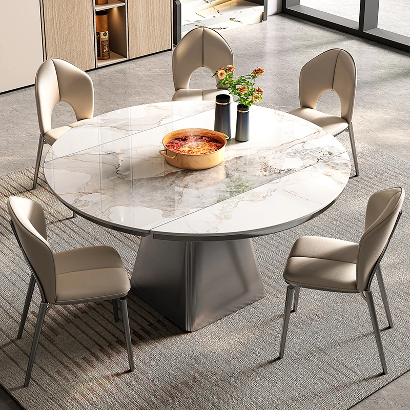 伸缩岩板餐桌可变圆桌高端家用小户型现代简约餐桌椅组合2024新款