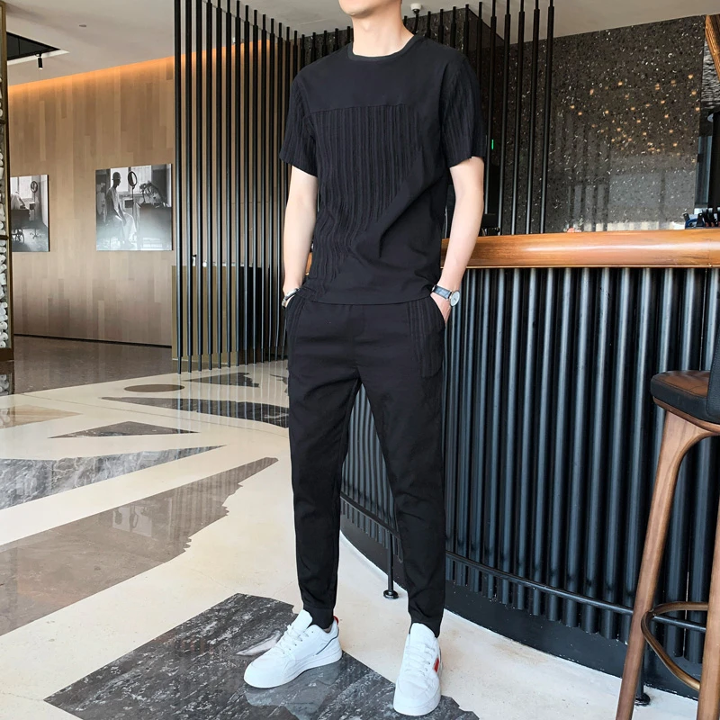 男士运动套装男装夏季上新2024爆款潮流时尚休闲短袖T恤长裤套装