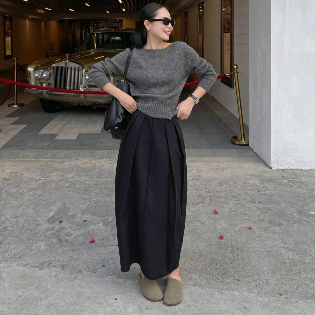 黑色西装半身裙女2024秋新款百褶裙显瘦A字花苞裙小众甜美连衣裙