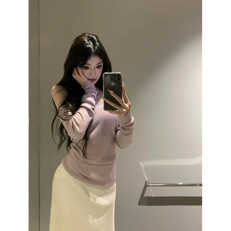withmin【现货】温柔日记 气质温柔一字领针织打底修身上衣2411443