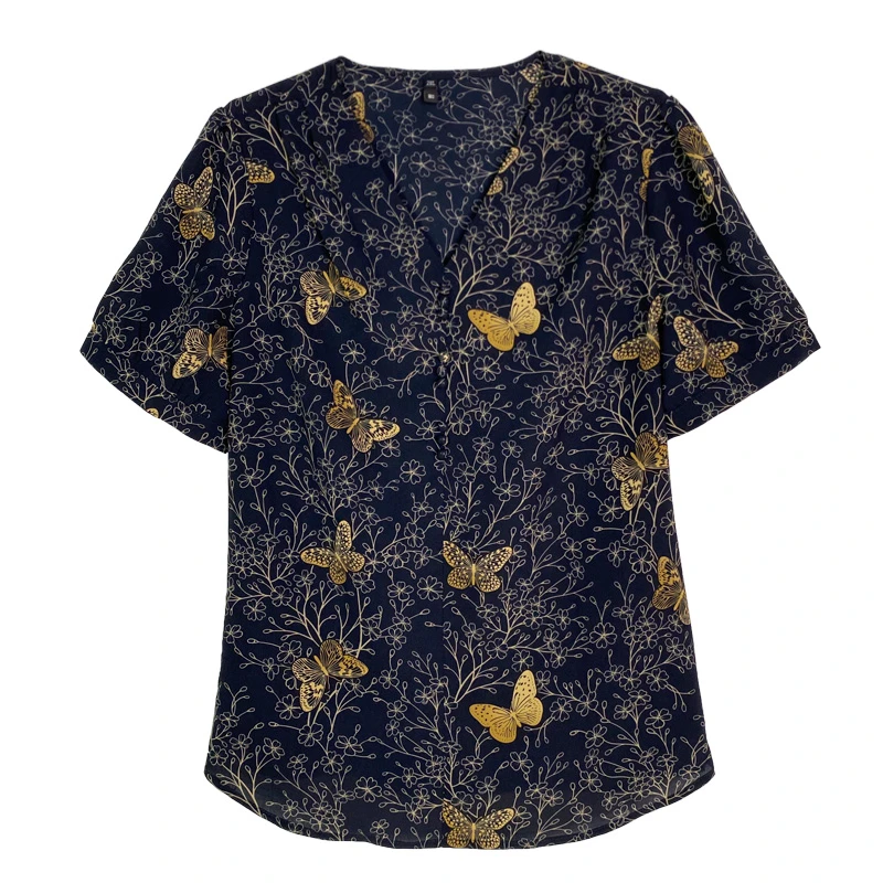 5438新款设计感印花衬衫大码胖MM洋气气质T恤蝴蝶印花妈妈小衫