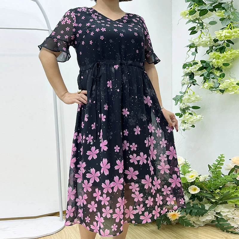 大码碎花连衣裙女装高端中袖V领新款宽松A字裙洋气大摆长裙子1293