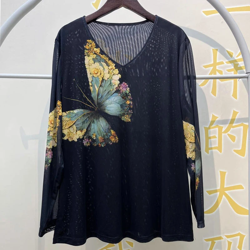 5418大码女装网纱上衣高级长袖t恤春秋洋气印花200斤显瘦打底小衫