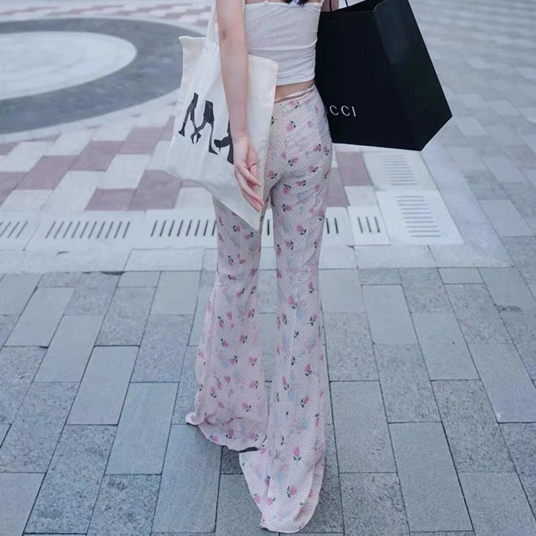 175高个子加长蛮腰瘦瘦裤小碎花黑色显瘦秋季款修身拖地喇叭裤女