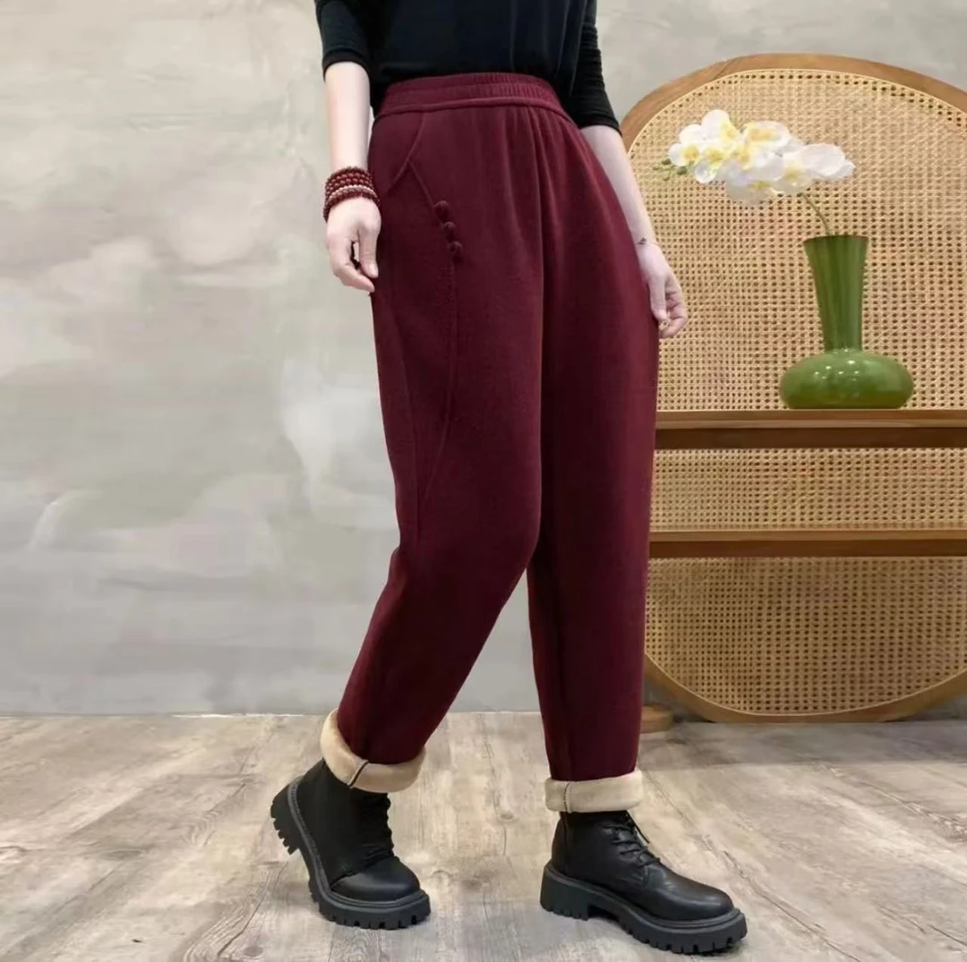 2024冬季新款加绒高腰时尚复古百搭宽松显瘦长裤哈伦休闲裤
