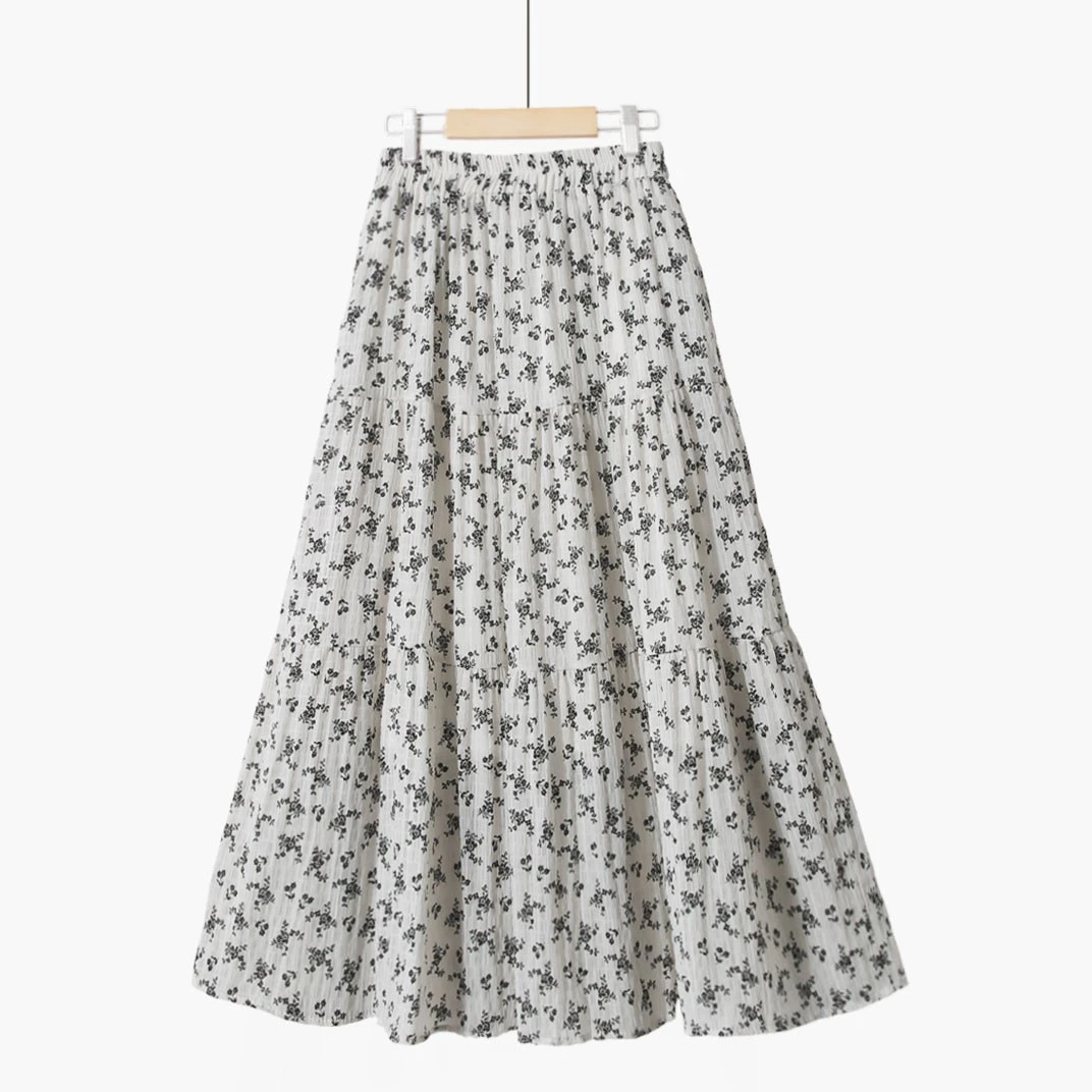 秋日系甜美a字高腰显瘦印花大摆裙复古拼接碎花雪纺中长款半身裙