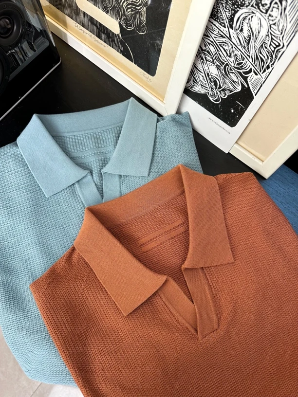 莱塞尔棉桑蚕丝海鸥领针织Polo T恤